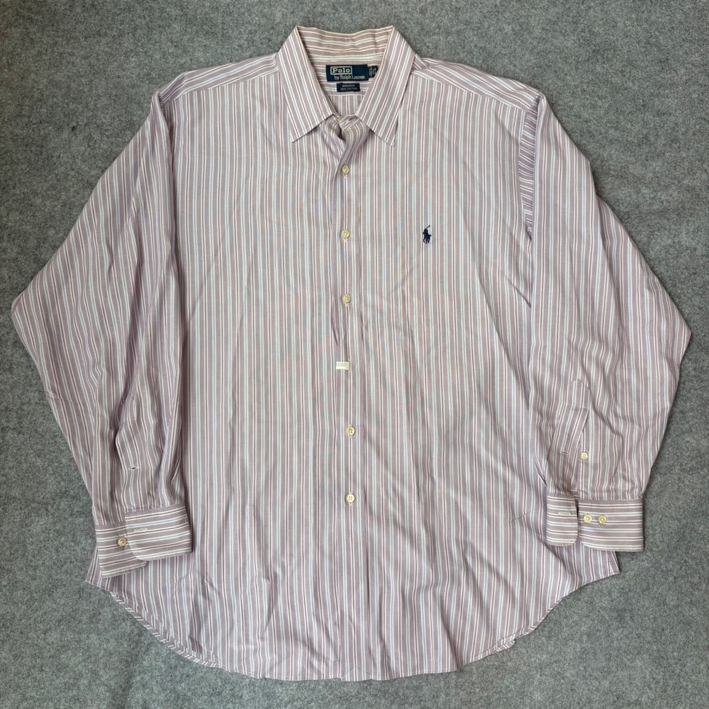 Polo Ralph Lauren Andrew Shirt Mens 17.5 34/35 Purple Blue Stripe Cotton Pony